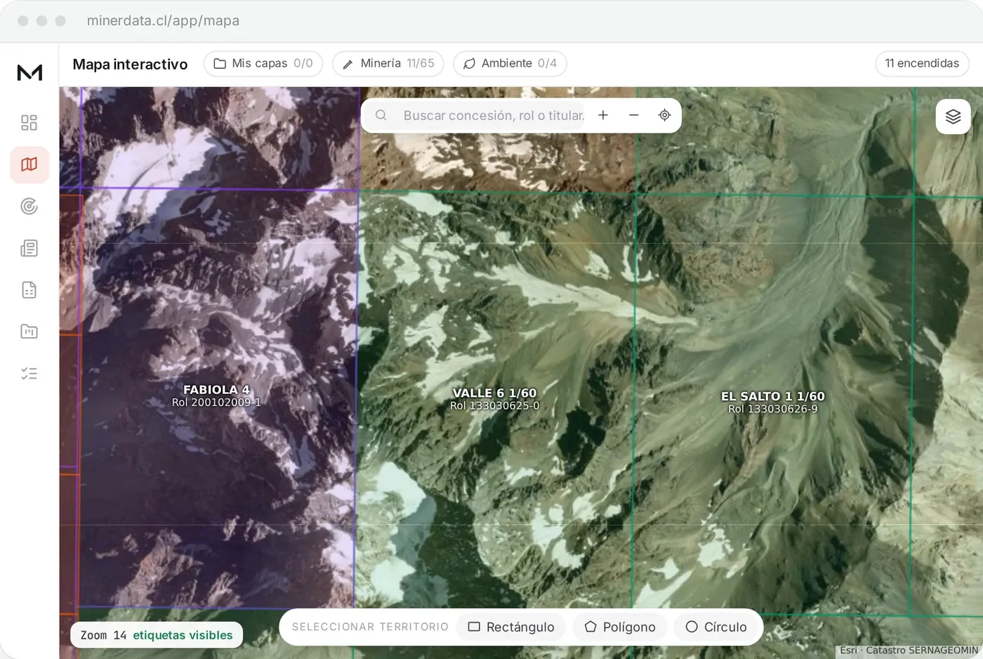 Exploración y geología: Mapa interactivo · nombres y roles de cada concesión